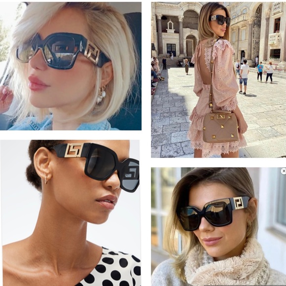 VERSACE STUNNING BLACK SQUARE FRAME SUNGLASSES WITH DRAMATIC GOLD GRECA LOGO - Picture 14 of 16